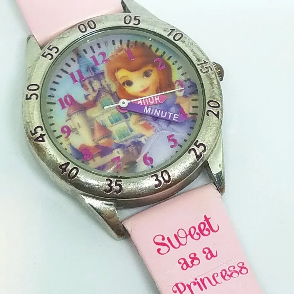 Teach How Tell Time - Disney Princess Castle Pink Leather Band Child Girl Watch